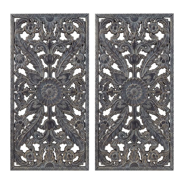 slide 2 of 8, Vintage Lotus Pattern Carved Wooden Wall Decoration (2-piece Set) Unframed - Antique Blue