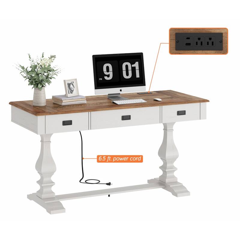 Vintage Rustic Executive Desk with Charging Station Home Office Table