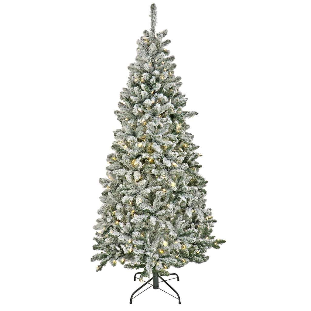 National Tree Company Pre-lit Artificial Snowy Chatham Slim Hinged Tree with 300 Dual Color LED Lights-UL, 6.5 feet - 6.5 Foot