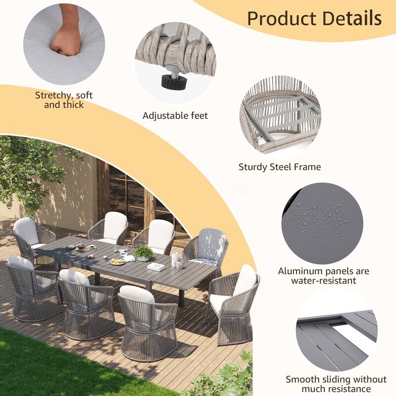Outdoor Patio Dining Sets with Rattan Chairs and Aluminum Extendable Dining Table for 8 Persons