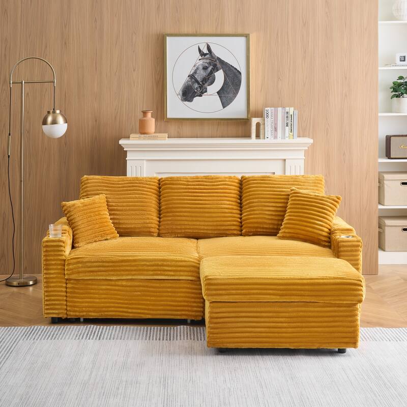 80 Inches Foldable and Hidden Storage Chaise Longue with cup holders - Orange
