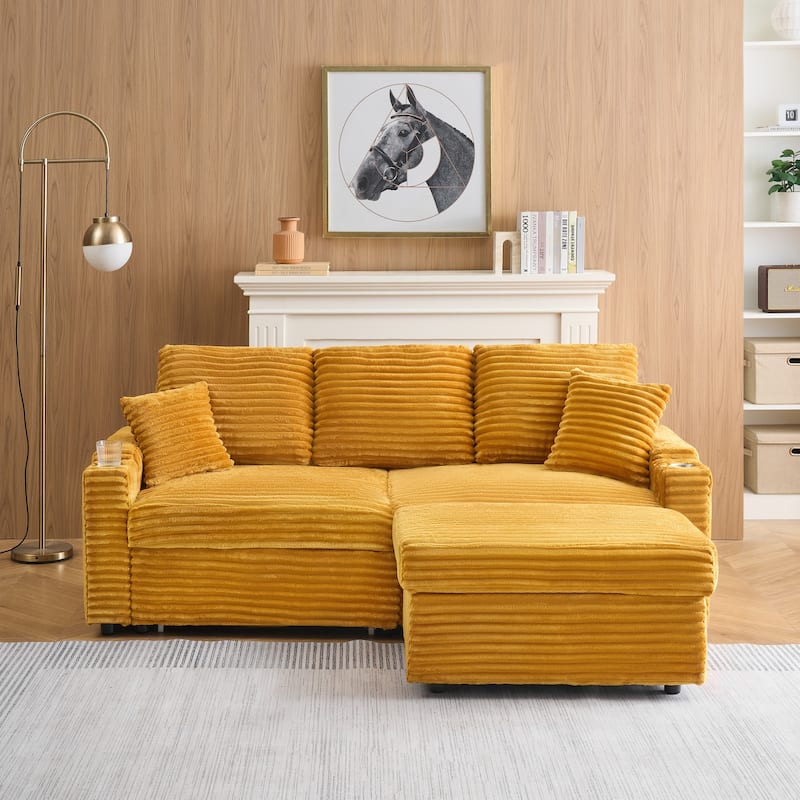 Multi-Function Corduroy Sectional Sofa Hidden Reclining Couch with Storage Ottoman Chaise Lounge, Pillows and Cup Holders