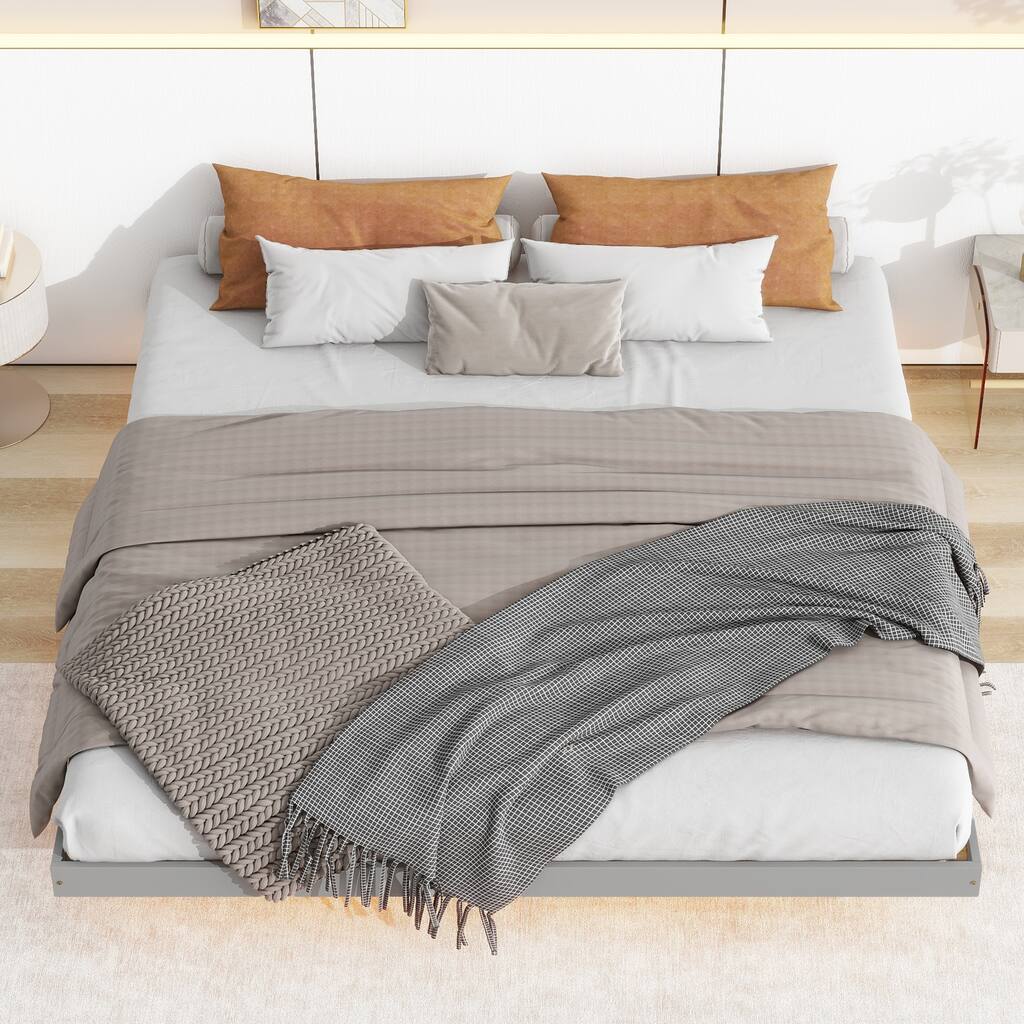 King Size Low Profile Floating Platform Bed with LED Lights Underneath