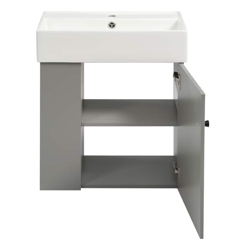 Roomfitters 21.6 Inch Modern Floating Bathroom Vanity with Ceramic Basin, Left Side Storage Cabinet & Open Shelves