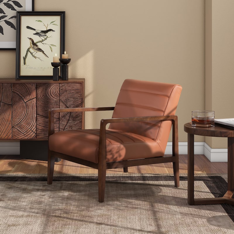 Kenneth 28" Mid-Century Modern Top Grain Leather Wood Arm Accent Chair - Single - Brown Leather