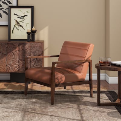 Kenneth 28" Mid-Century Modern Top Grain Leather Wood Arm Accent Chair