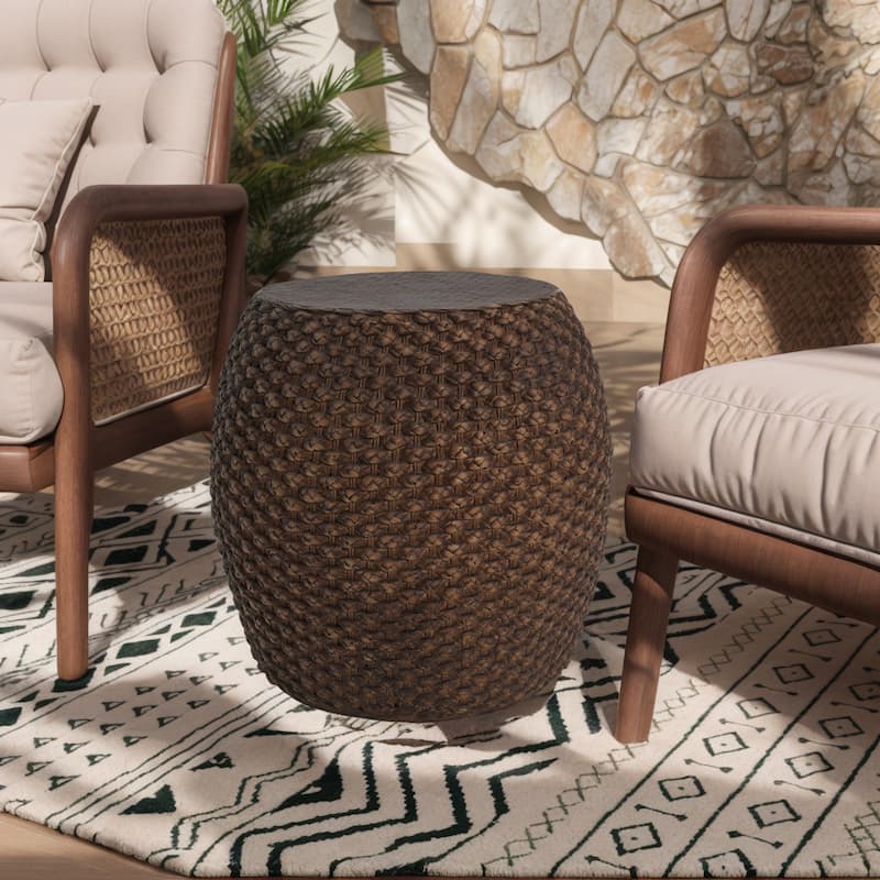 Handwoven Faux Rattan Accent Table – Crafted from Durable MgO Material, Perfect for Indoor & Outdoor Decor in Warm Brown‌ - Brown