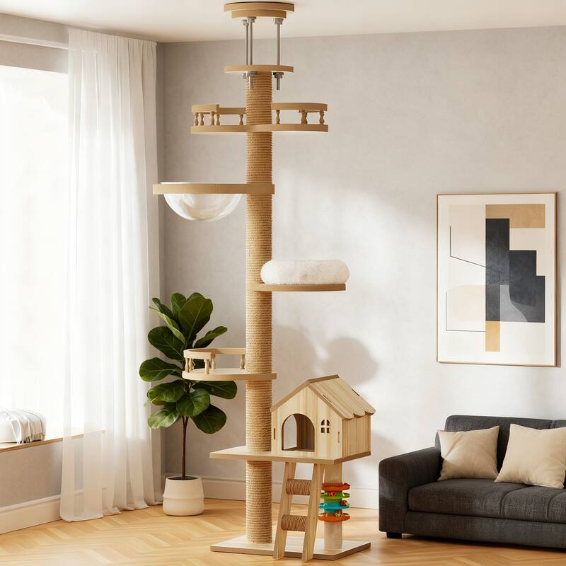 Anmytek Floor to Ceiling Cat Tree Adjustable Height Cat Tower with Scratching Post Wood Cat Condo Cave Bed Hammock - Natural