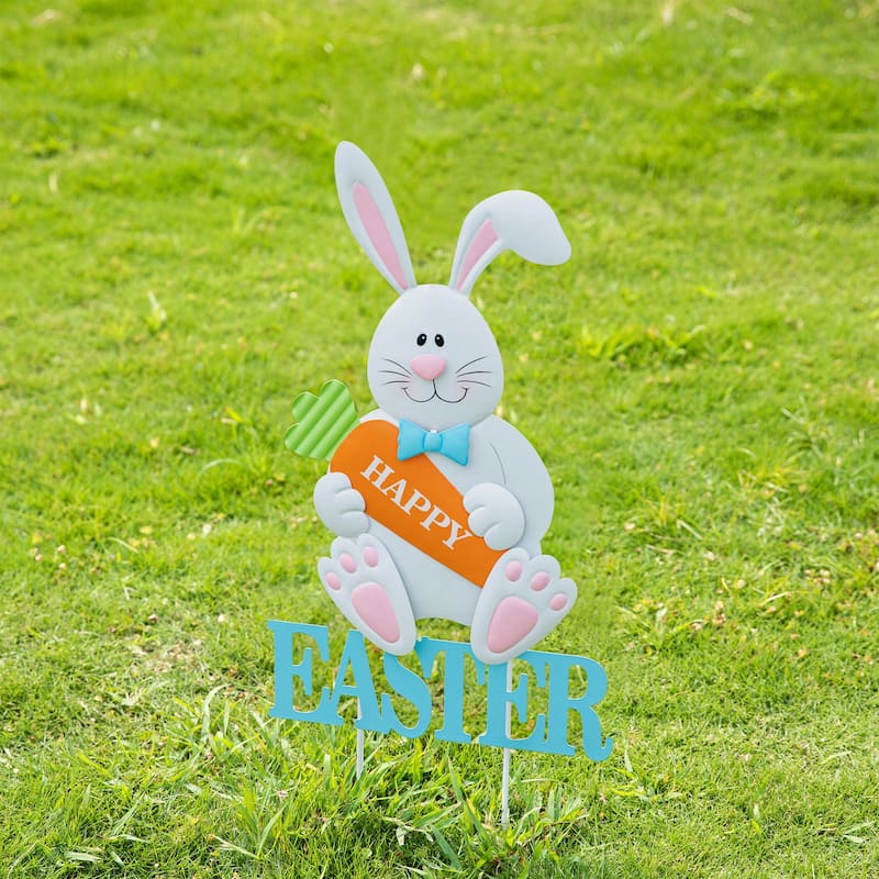 Glitzhome Easter Metal Bunny Yard Stake Wall Decors Standing Sign