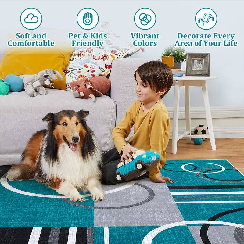 Washable Rugs for Living Room Bedroom Circles Pattern Rug Modern Geometric Area Rug