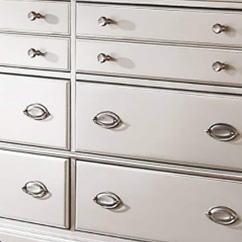 63 Inch Wide 6 Drawer Dresser, Crystal Like Knobs, Molded Details, Silver