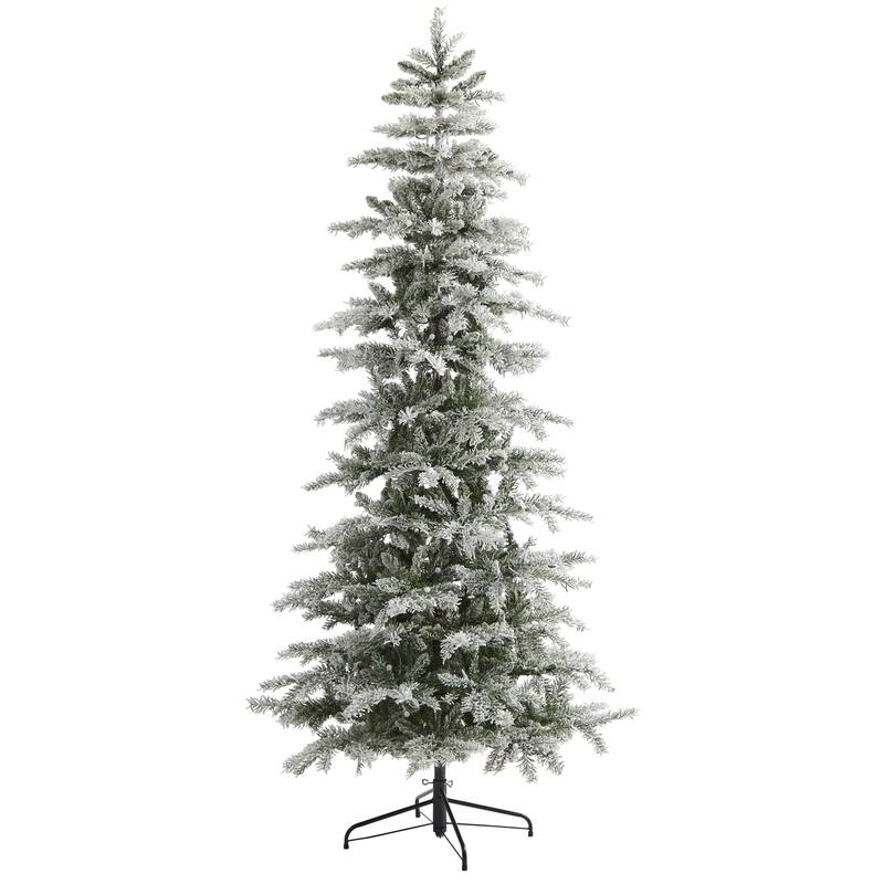 7.5ft. Slim Flocked Spruce Artificial Christmas Tree with 450 Warm White LED Lights & 909 Branches - Snowy Holiday X-Mas Glow