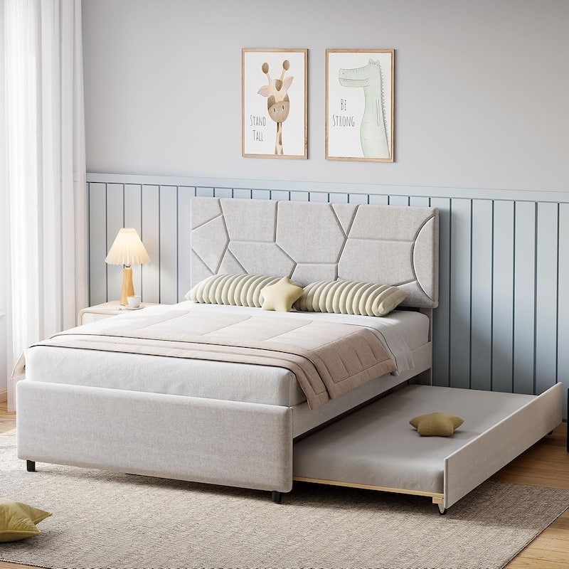 Twin to Full Trundle Upholstered Platform Bed with Headboard, Wood Slat Support, Ideal for Guest or Kids Room - Full - Grey