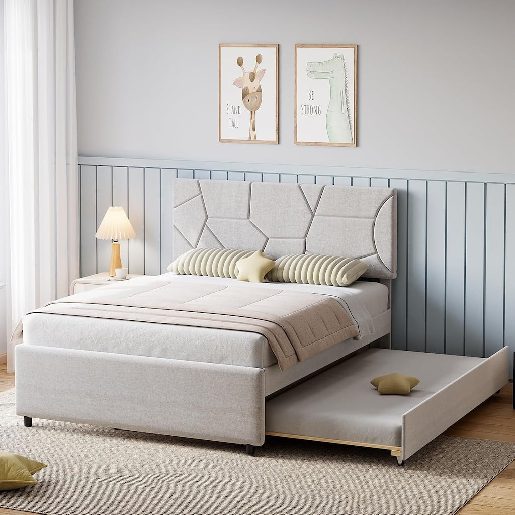 Upholstered Trundle Bed with Headboard, Twin to Full Pull-Out Bed with Wood Slats, for Guest Room/Bedroom