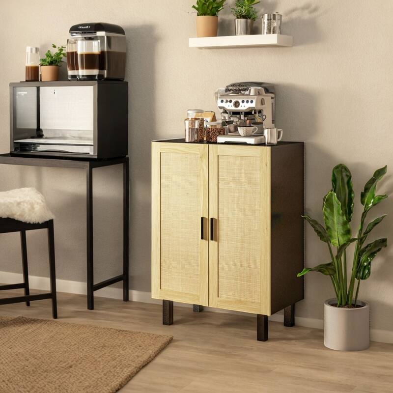 Sideboard Buffet Cabinet with 2-Rattan Doors, Adjustable Shelves, Boho Kitchen Storage Cabinet for Living Room, Black & Natural