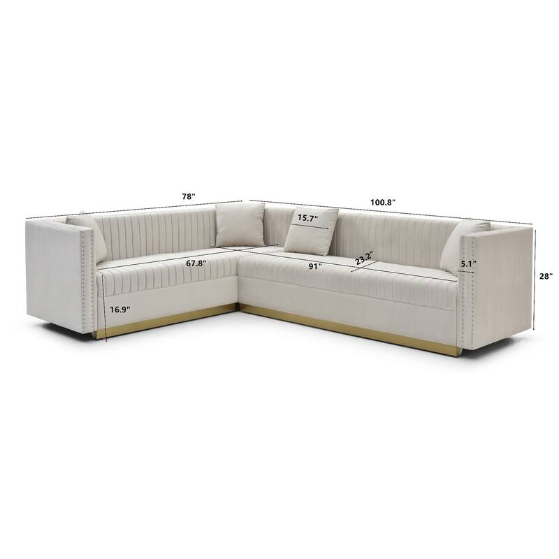 100.8'' Modern Velvet Corner Sectional Sofa for 6, Featuring 4 Pillows and Vertical Channel Tufting