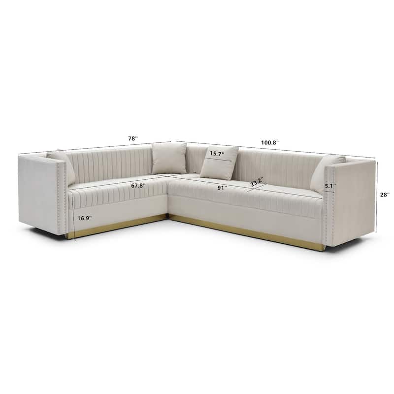 Beige 100.8'' Modern Velvet Corner 6-Seat Sectional Sofa with 4 Cushions and Vertical Channel Tufting, Perfect for Living Room