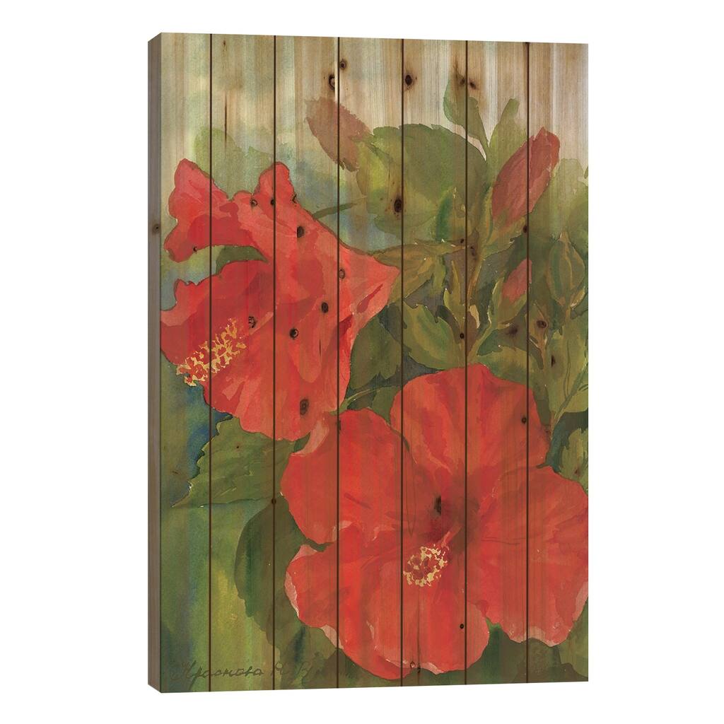 Hibiscus Print On Wood by Yulia Krasnov - Multi-Color