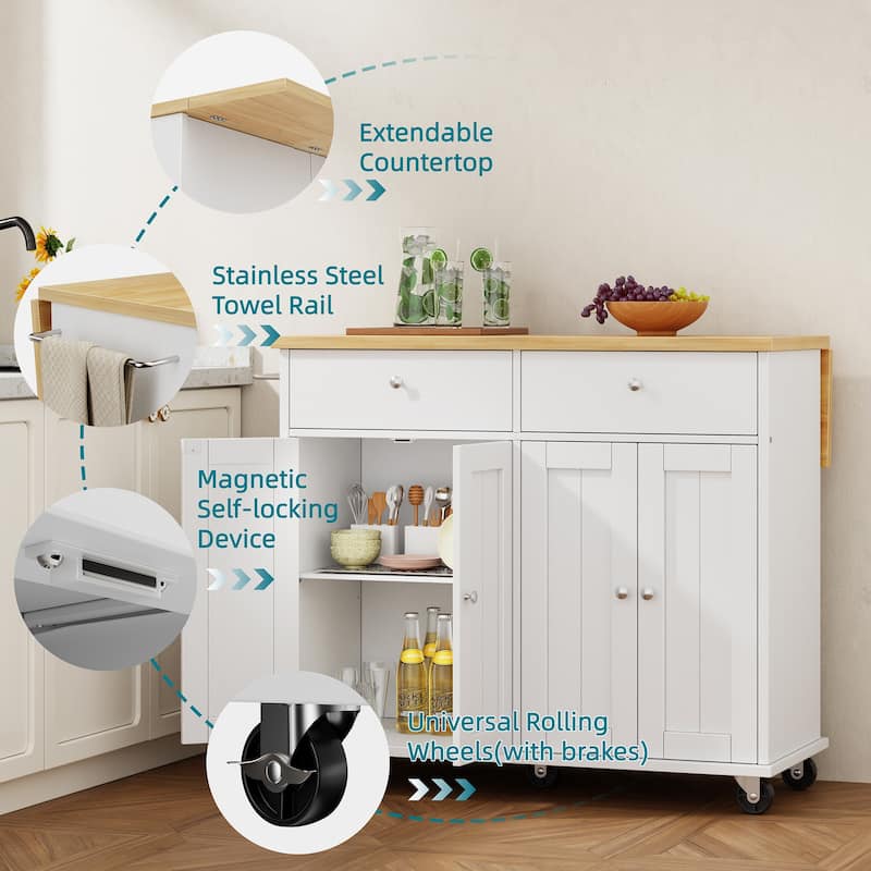 Kitchen Storage Island with 2 Drawers & Extendable Countertop - Rolling Storage Cart with Towel Rail, Lockable Wheels