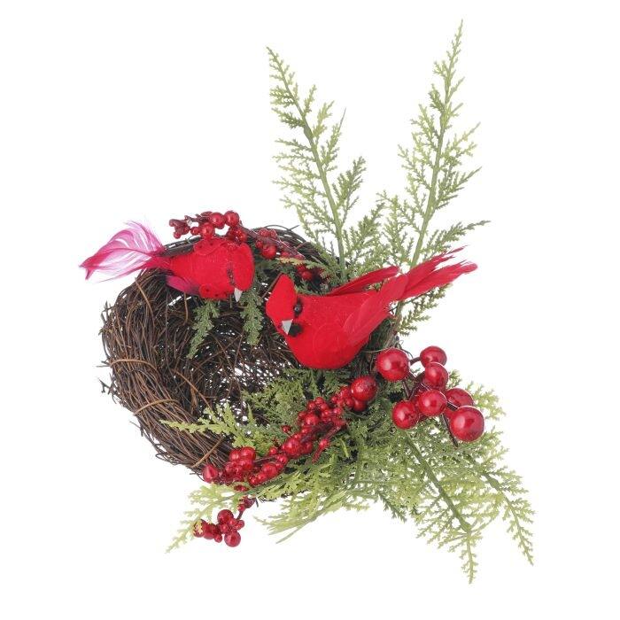 10" Cedar and Berry Cardinals Nest Clip Ornament