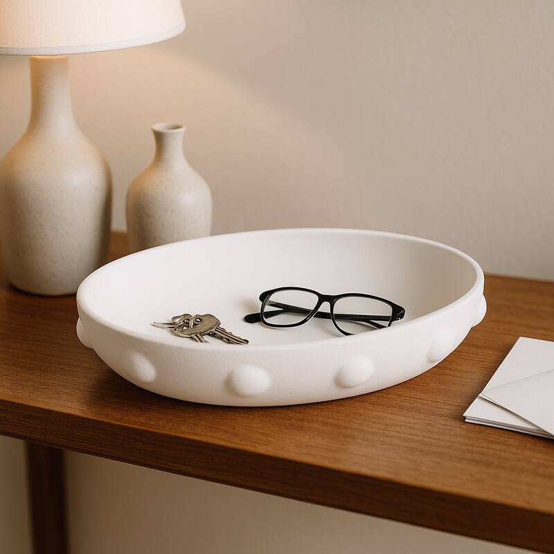 Pottery Clay Bowl Raised Dot-Textured Accents for Home - 14" White - 14.0"