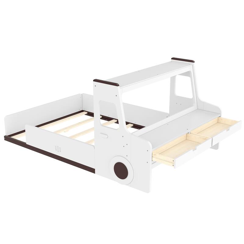 Full/Twin Kids Car Floor Bed with Storage Drawers, Window & Desk - Childlike Design