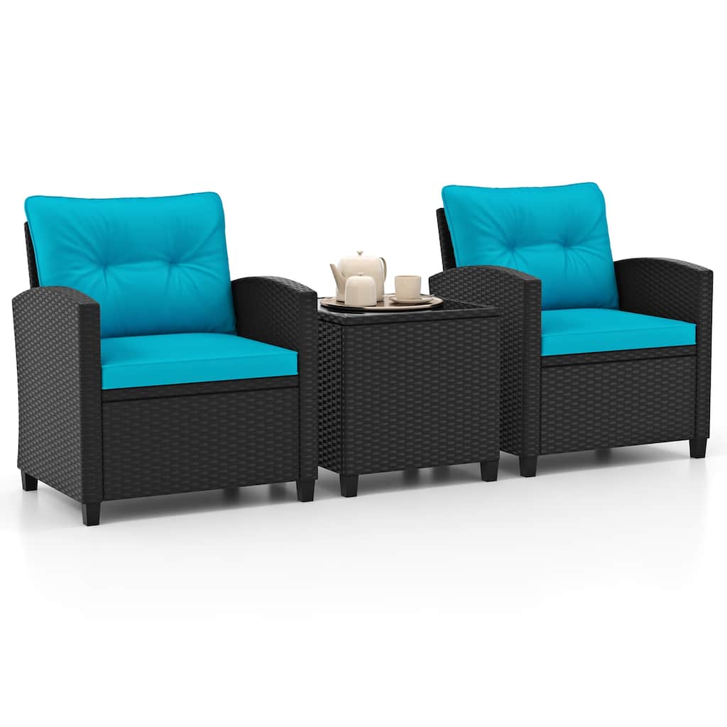 Gymax 3 PCS Patio Furniture Set w/Tempered Glass Coffee Table Washable