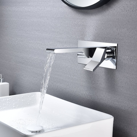 Chrome waterfall Wall mount Single handles bathroom sink faucet with brass pop up overflow drain - 9'6" x 13'6"