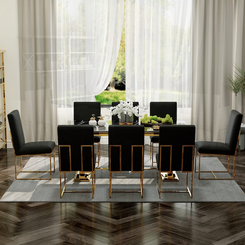 White and Gold Dining Room Table Set with 72 inch Table and White PU Leather Dining Chairs