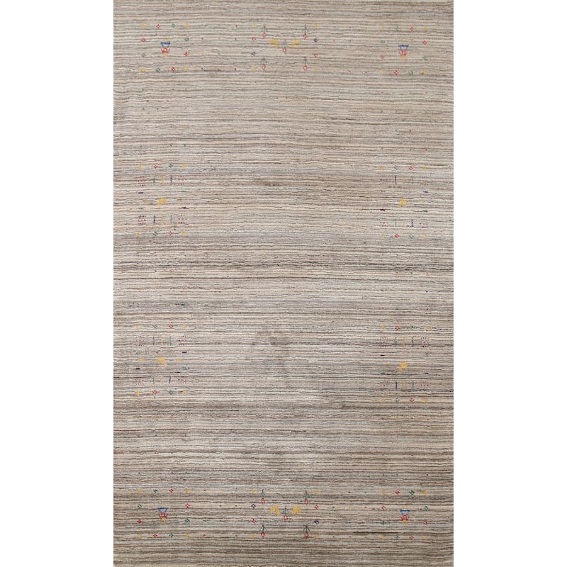 Striped Gabbeh Indian Area Rug Hand-Knotted Oriental Beige Wool Carpet - 4'11"x 7'11"
