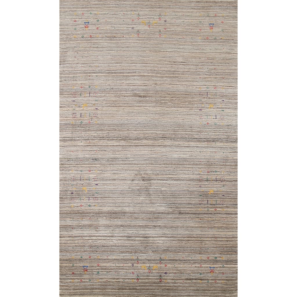 Striped Gabbeh Indian Area Rug Hand-Knotted Oriental Beige Wool Carpet - 4'11"x 7'11"
