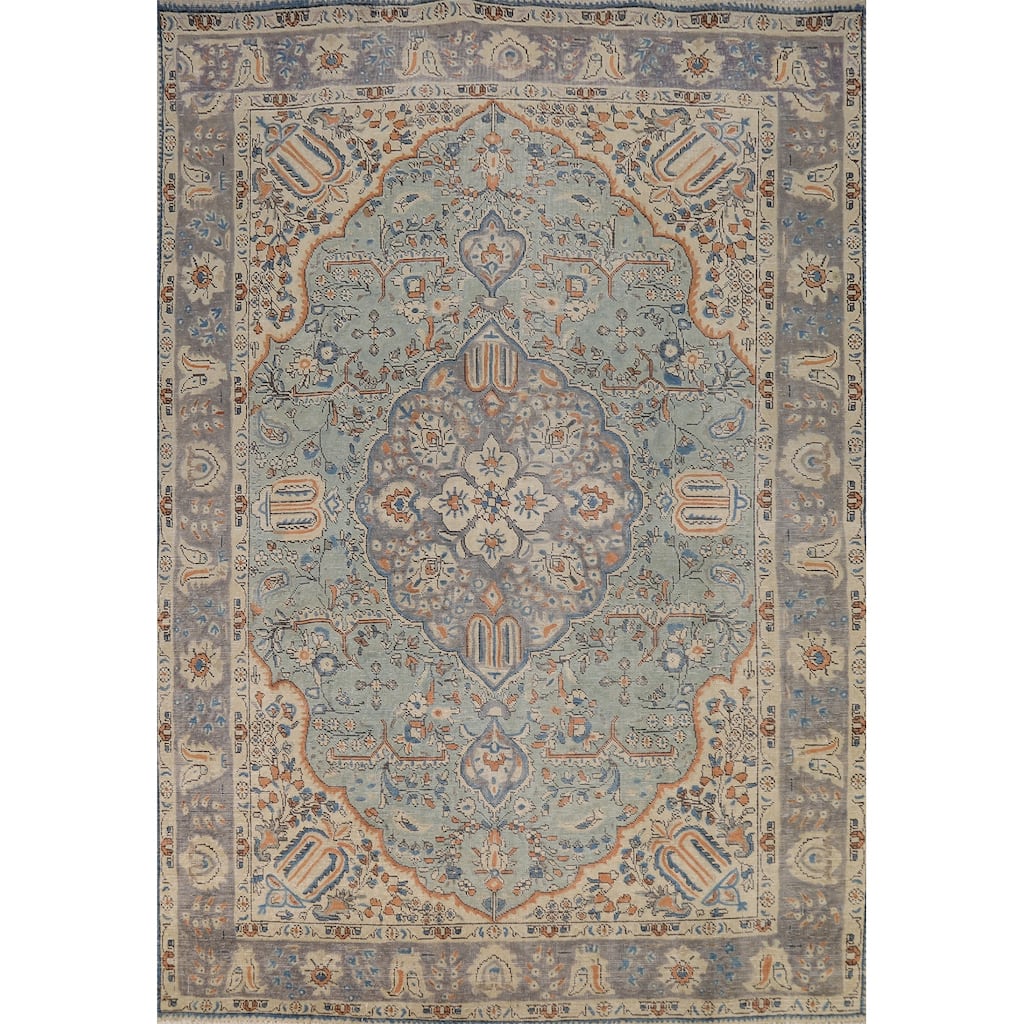Light Blue Floral Tabriz Persian Area Rug Hand-Knotted Wool Carpet - 6'5"x 9'5"