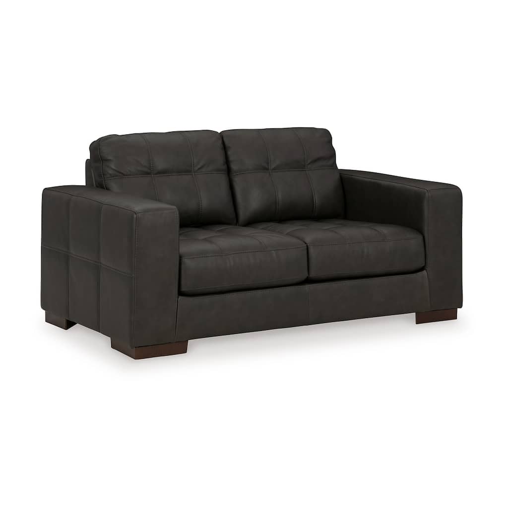 Lenie Loveseat, Block Stitched Dark Gray Real and Faux Leather 70 Inch