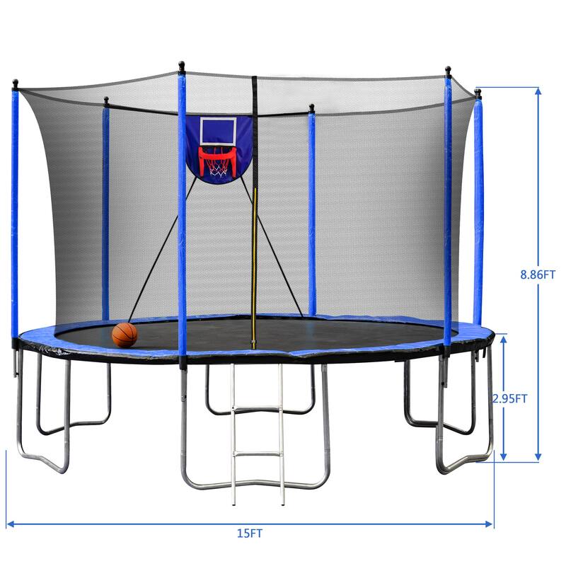 15FT Trampoline with Basketball Hoop Inflator and Ladder, 6pcs extra safety net pole sleeves- Blue
