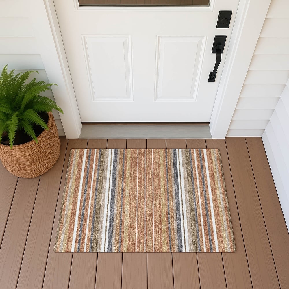 Machine Washable Indoor/ Outdoor Modern Stripes Chantille Rug