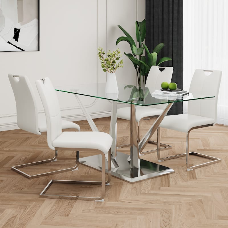 63" Glass Dining Table Set for 4, 5 Piece Dining Table and Chairs Set, Rectangular Table with 4 Faux Leather Chairs & Metal Legs - White