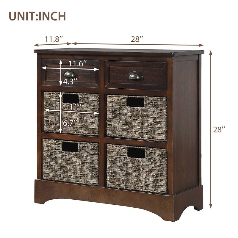 Rustic Storage Cabinet with 2 Drawers and 4 Classic Rattan Basket - 28"L×11.8"W×28"H