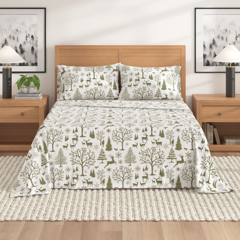 Linery & Co. Winter Turkish Cotton Double-Brushed Flannel Bed Sheet Set - California King - Olive Branch Enchanted Woods