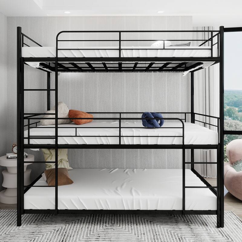Twin Size Heavy-Duty Triple Frame Bed With Built-In Ladder And Full-Length Railing, No Springs Required, Easy To Assemble - Black
