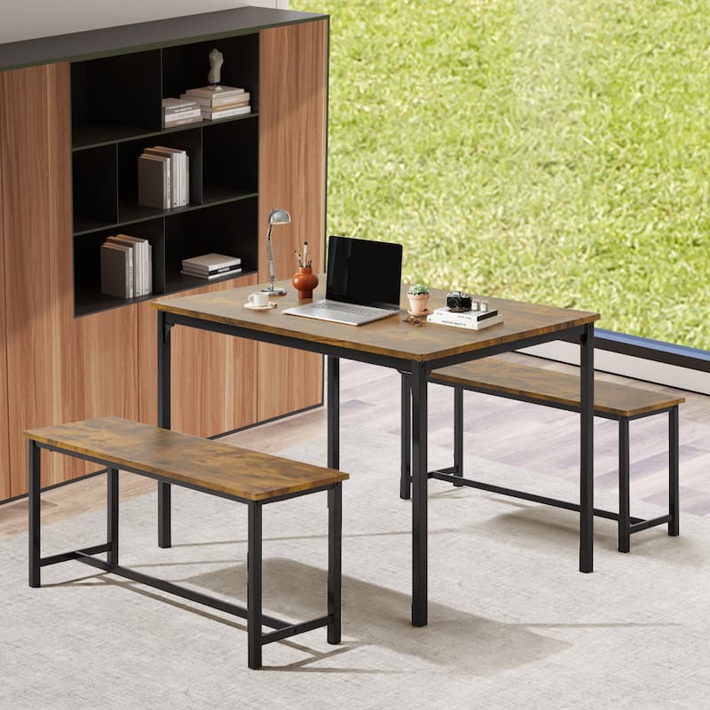 4-6 Person Dining Set with Faux Marble Top, PU Leather Benches and Storage Shelf