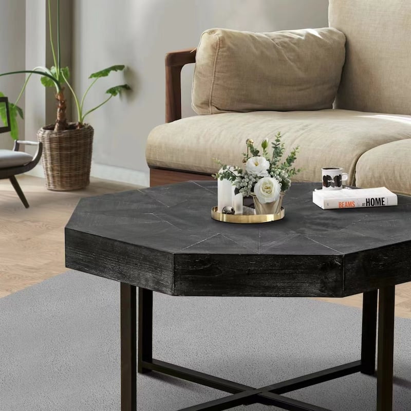 30 Inch Wood Octagonal Vintage Patchwork Craft Farmhouse Coffee Table with Cross Metal Legs