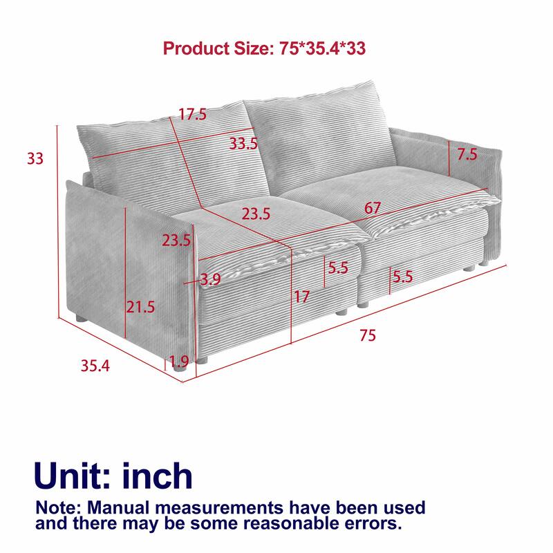 75" Corduroy 2-Seater Sofa Deep Seat with Sofa with 2 Pillow for Living Room