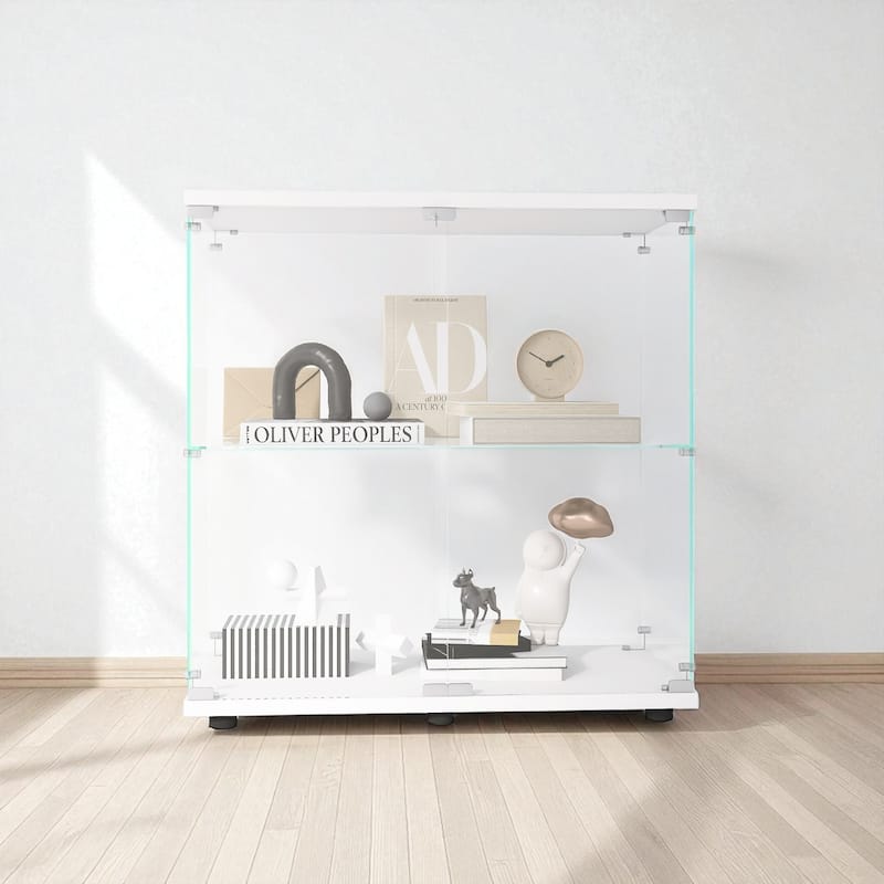 2-Tier Glass Display Cabinet with Double Doors and Lock, Tempered Glass Showcase with MDF Base - White