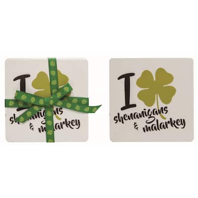 Transpac Wood 4 in. Multicolor St. Patricks Day Shamrocks and Malarkey Coasters Set of 4