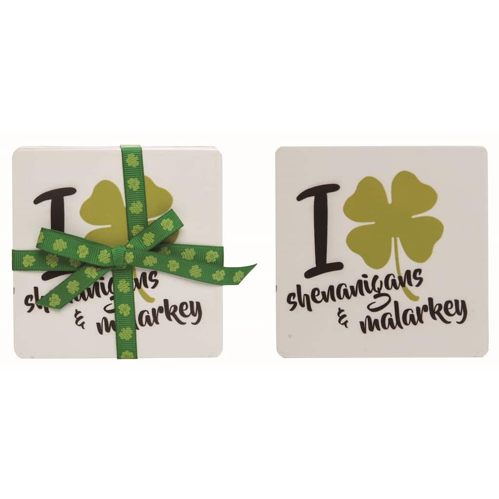 Transpac Wood 4 in. Multicolor St. Patricks Day Shamrocks and Malarkey Coasters Set of 4