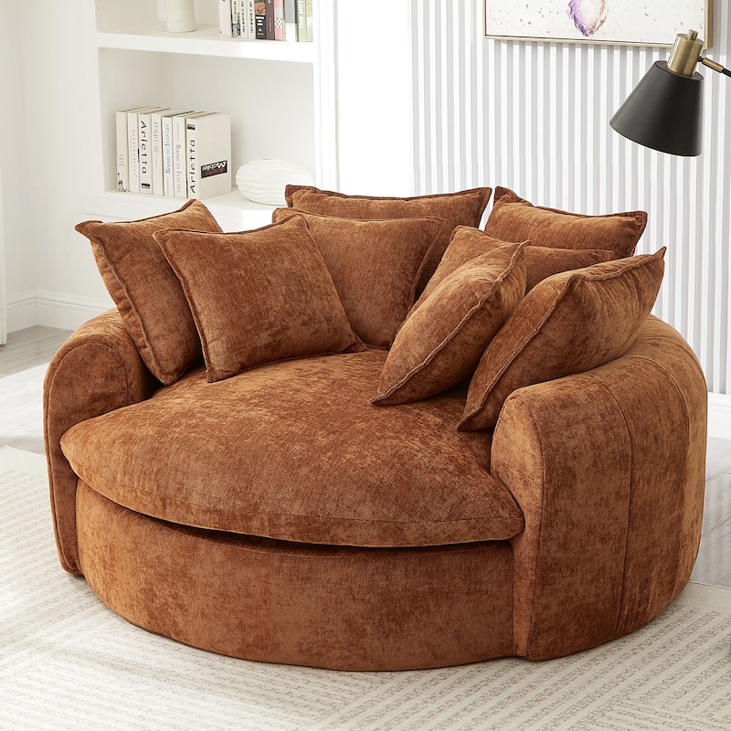 Oversized Round Accent Chair Lounge Chaise, Chenille Upholstered Boneless Sofa Bed, Deep Seat Sleeper Couch Reading Armchair - Orange