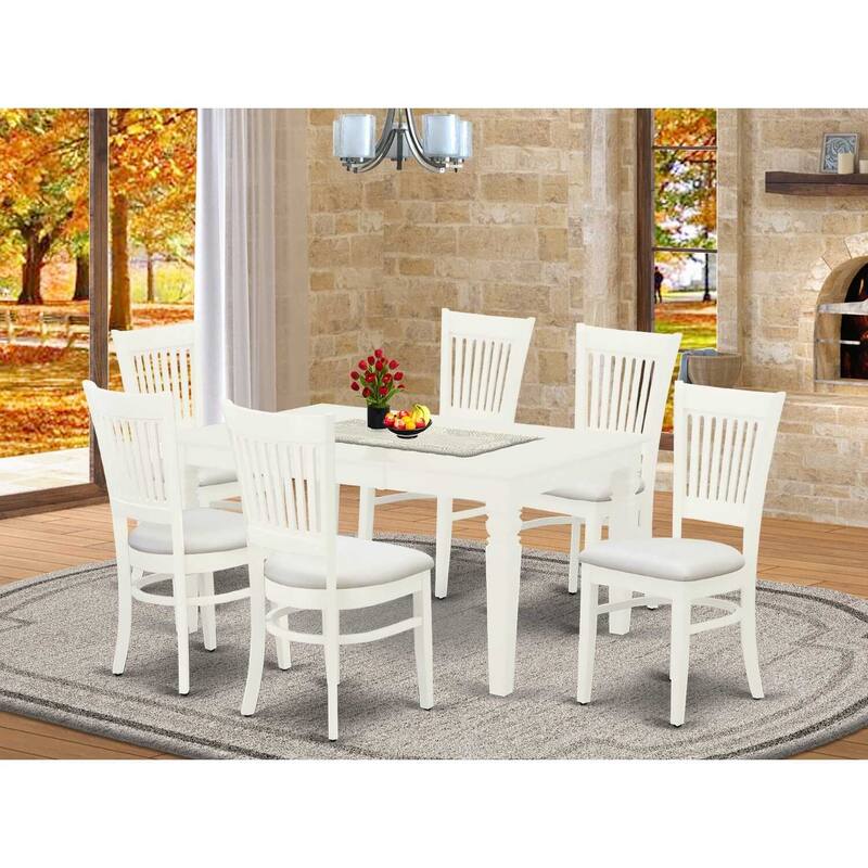 HomeStock 7-Pc Rectangle Linen White Finish Solid Wood Top Dining Table with 6-Chairs with Slat Back