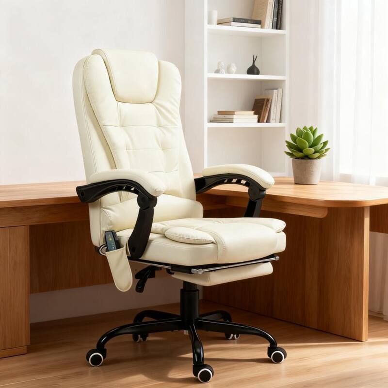 Massaging Office Desk Chair, Massage Office Chair High Back with Lumbar Support, Footrest - Cream White