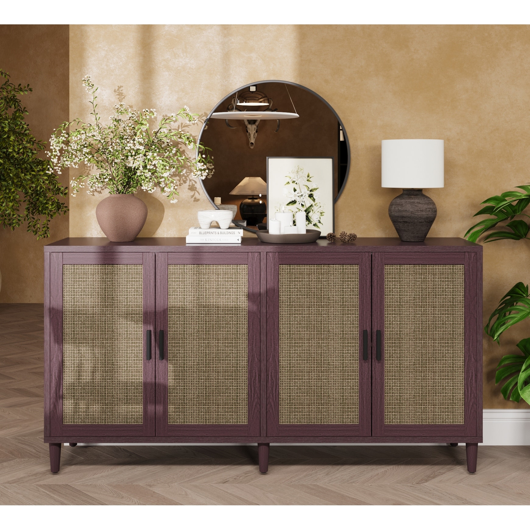 70" Rattan Buffet Cabinet with Storage, 4-Door Sideboard Buffet Cabinet with Adjustable Shelves