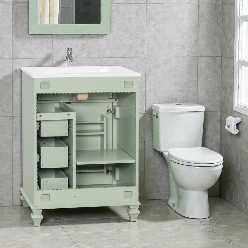 24 Inch Bathroom Vanity with Ceramic Sink, White Freestanding Vanity Cabinet with Flip-Out Drawer and Storage